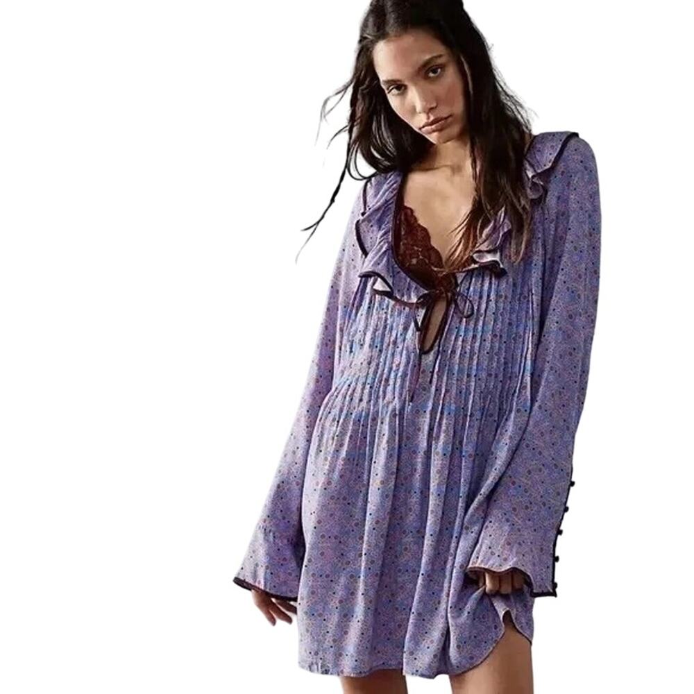 NWT FREE PEOPLE Dress XS Oversized Floral A-Line Ruffle Bow Pleated Flounce-Slev